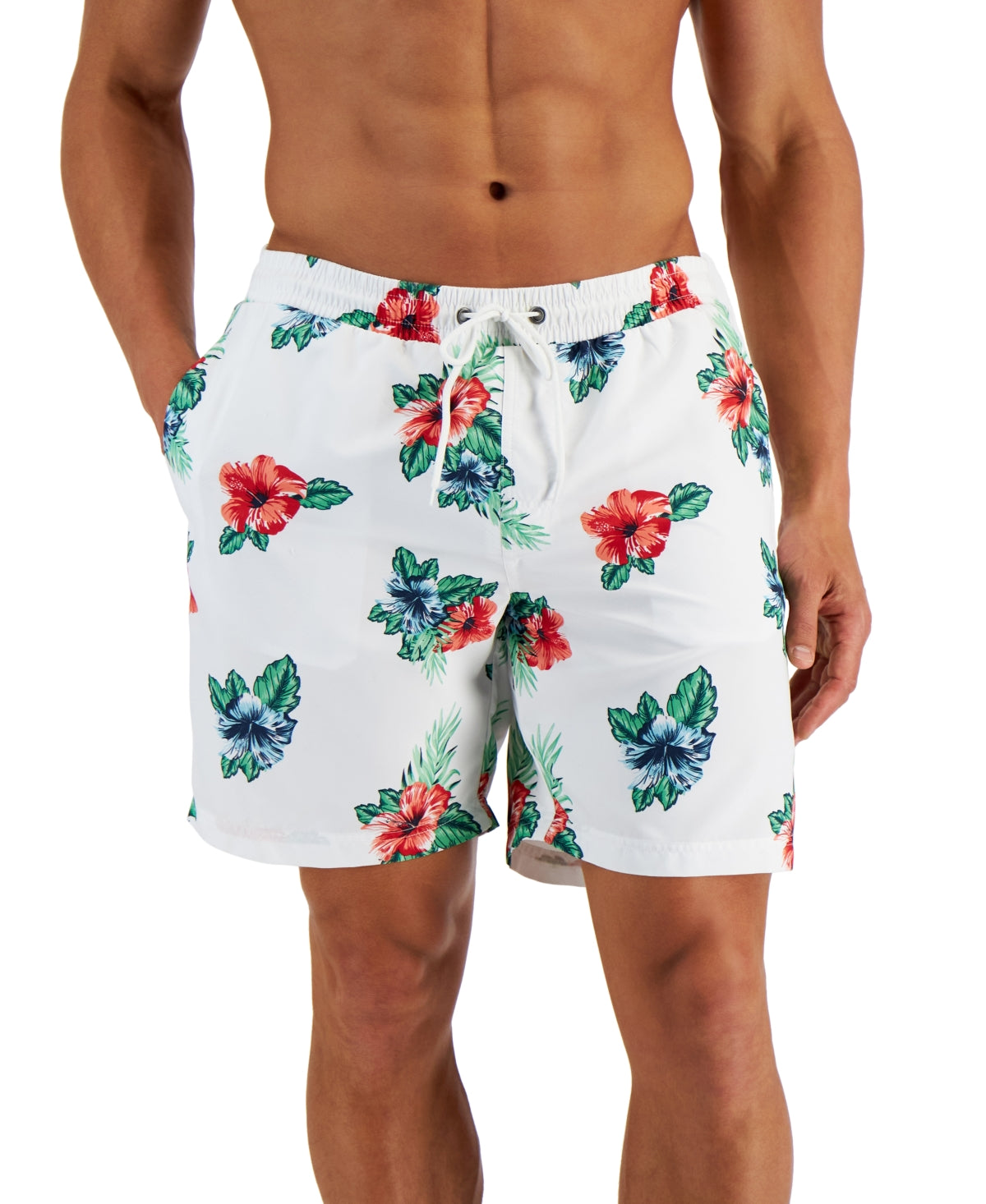Calção de banho masculino com estampa floral Club Room, tamanho XX-G, branco, 7 peças