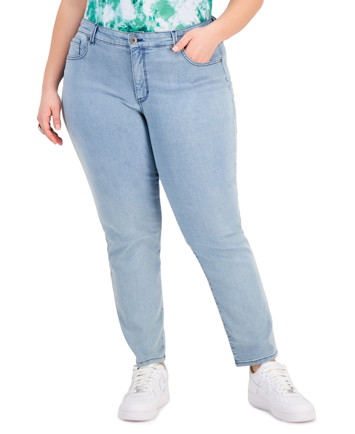 Calça jeans feminina reta estilo &amp; co, azul, tamanho 16