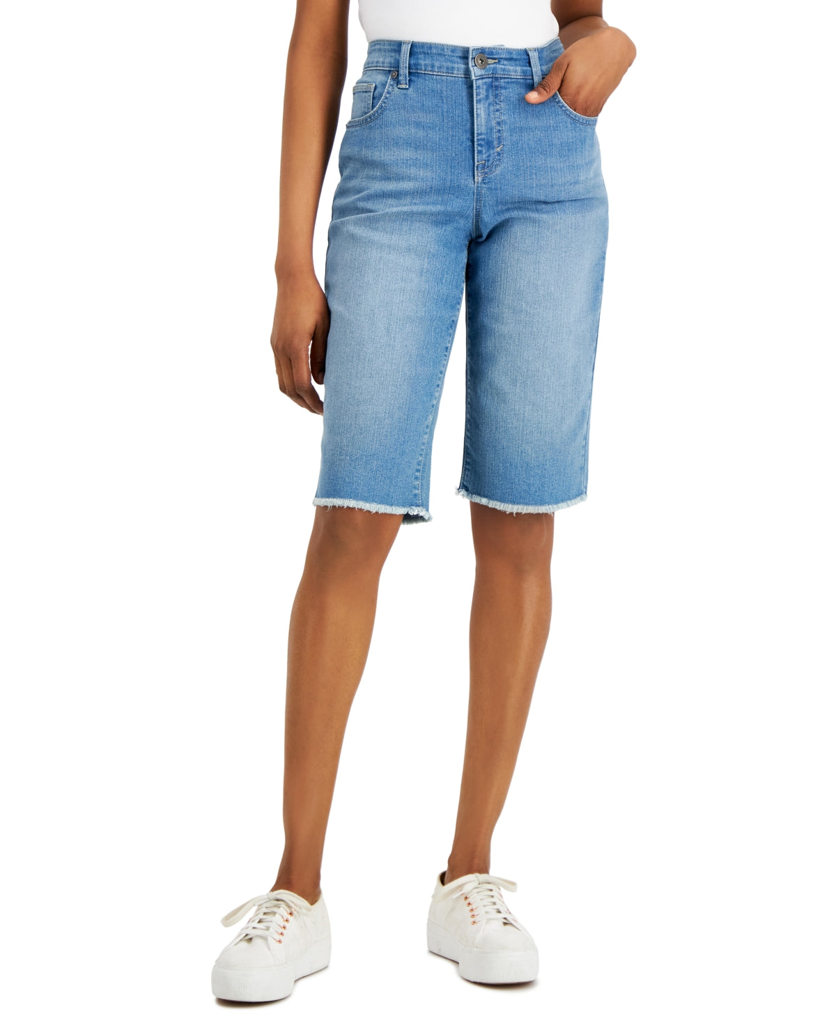 Bermuda feminina estilo &amp; co, cintura média, bainha crua, azul, tamanho 10, pequena