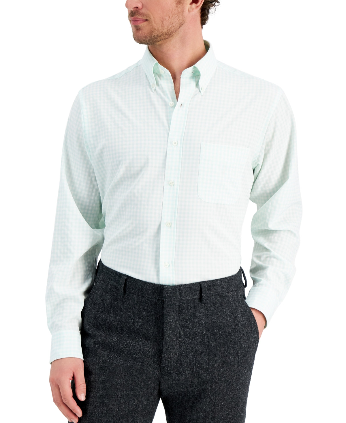Camisa social masculina Club Room Regular Fit Traveler, verde, tamanho 18x34x35