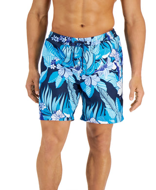 Calções de banho masculinos com estampa floral tropical, tamanho GG, azul, 7