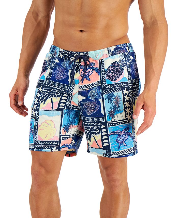 Calção de banho masculino Club Room Tropical Vintage Collage 7, azul, tamanho XX-G