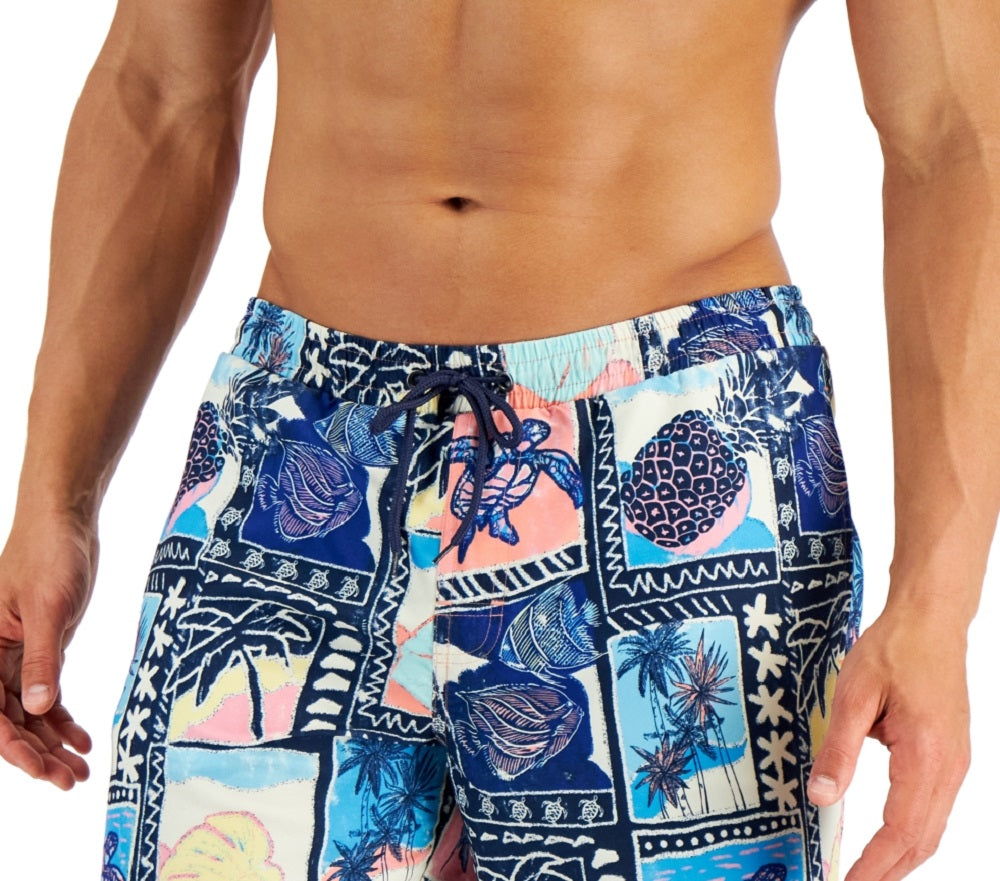 Calção de banho masculino Club Room Tropical Vintage Collage 7, azul, tamanho XX-G