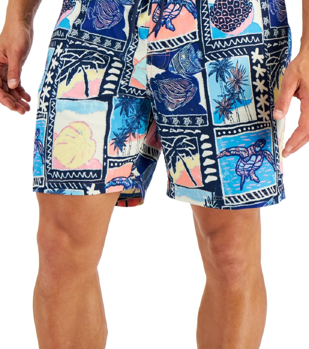 Calção de banho masculino Club Room Tropical Vintage Collage 7, azul, tamanho XX-G