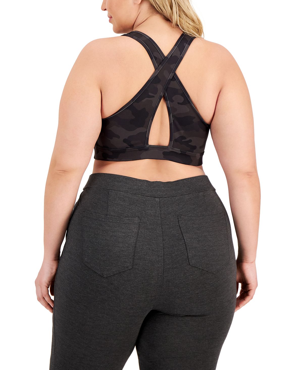 Sutiã esportivo feminino ID Ideology com estampa camuflada de impacto médio, preto, tamanho 1X