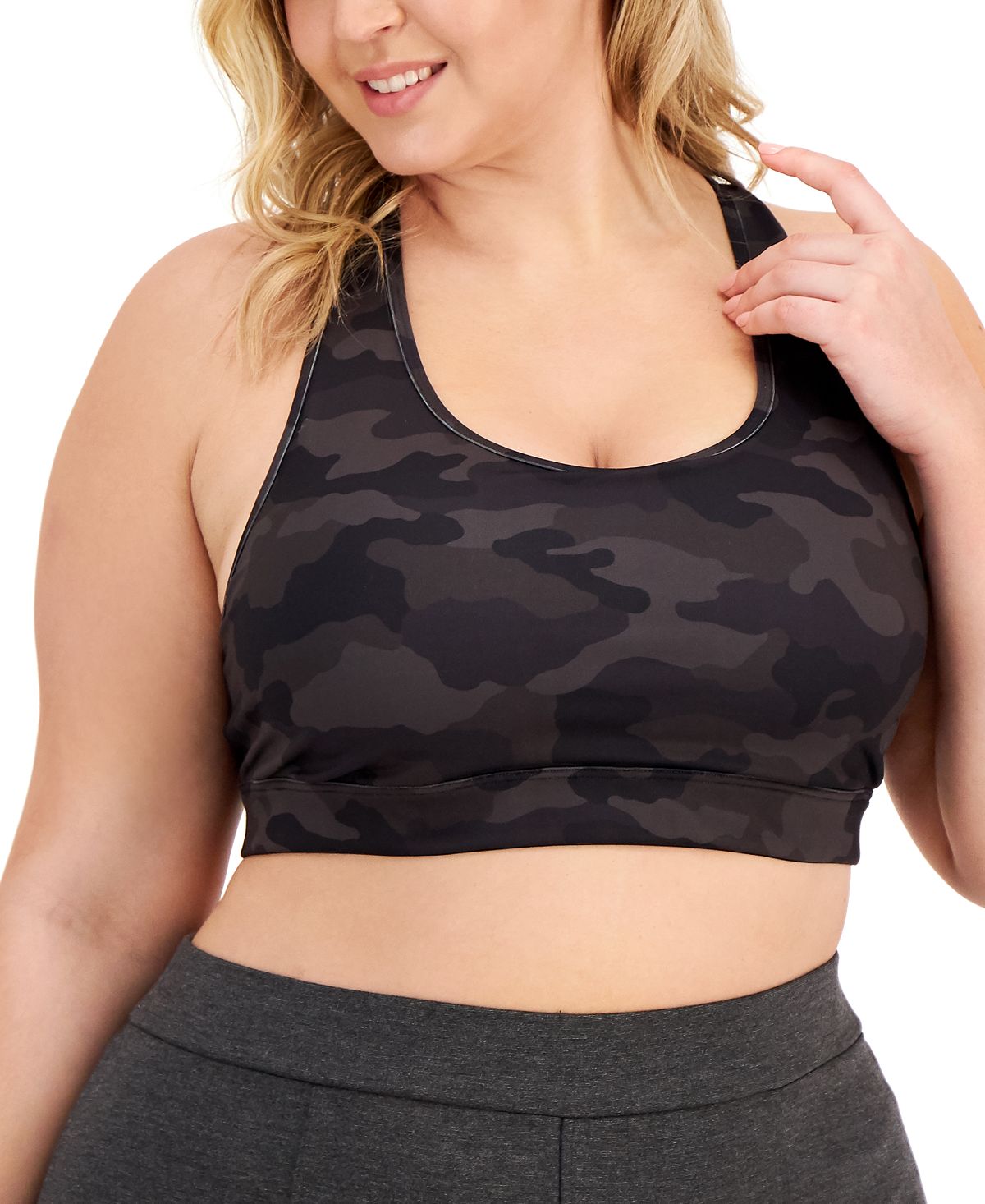 Sutiã esportivo feminino ID Ideology com estampa camuflada de impacto médio, preto, tamanho 1X