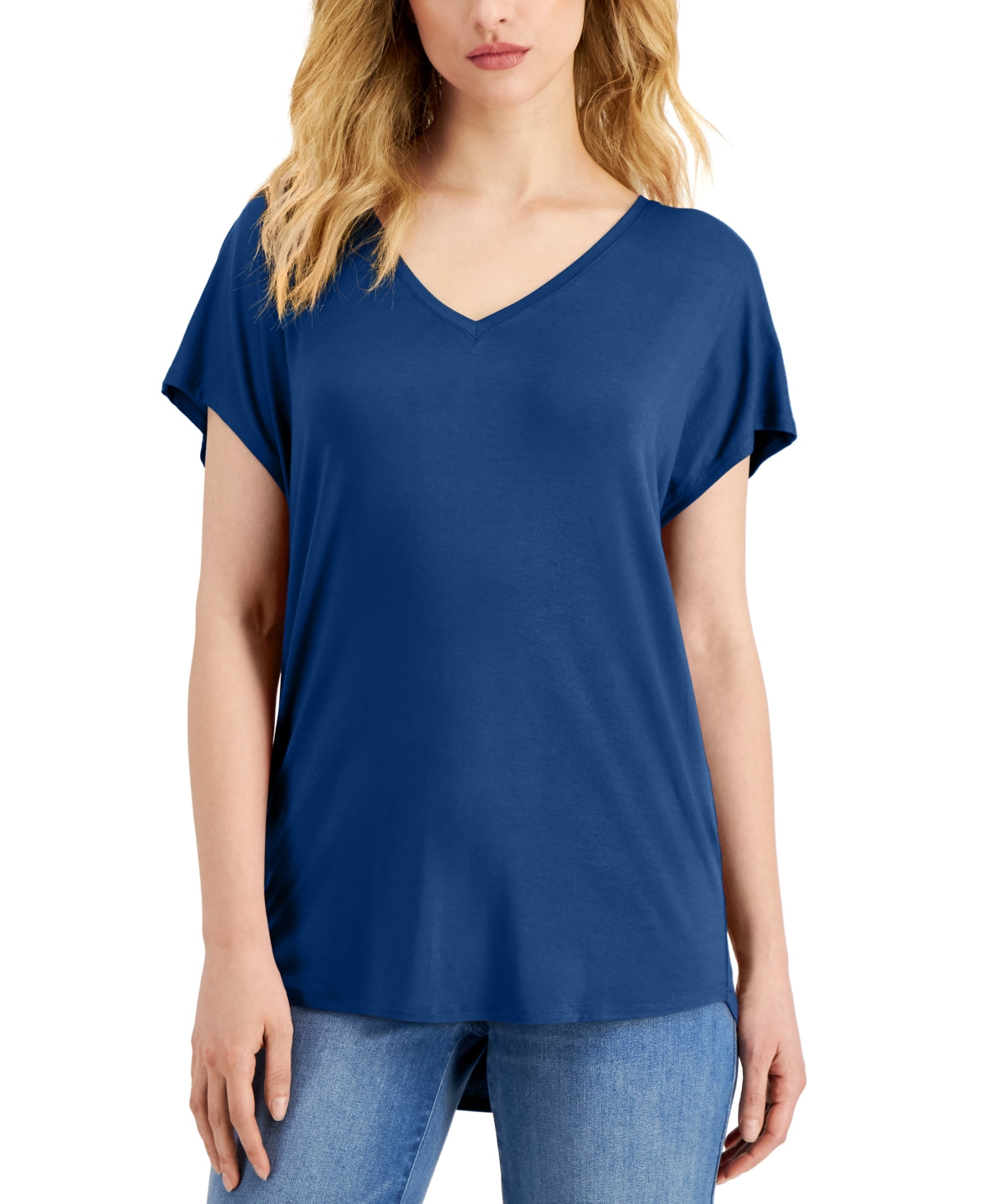 Camiseta feminina com decote em V da INC International Concepts, azul, tamanho pequeno