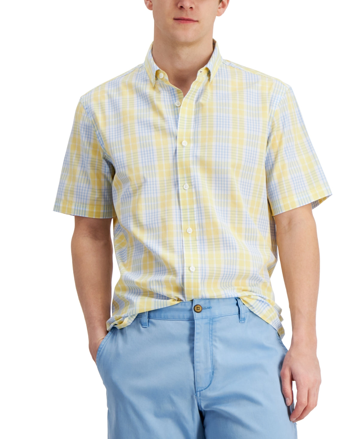 Camisa Masculina Club Room Manga Curta Estampada Amarela Tamanho Grande