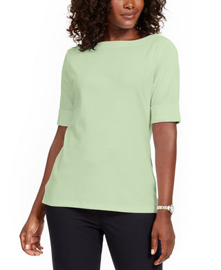 Blusa feminina Karen Scott de algodão com decote canoa, verde, tamanho extragrande