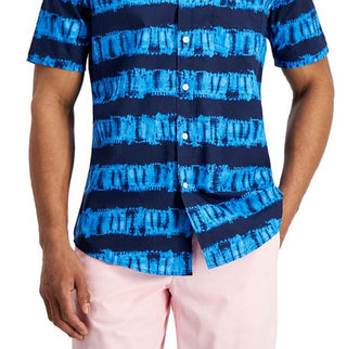Club Room Men's Regular Fit Shibori Stripe Poplin Shirt Blue Size Small