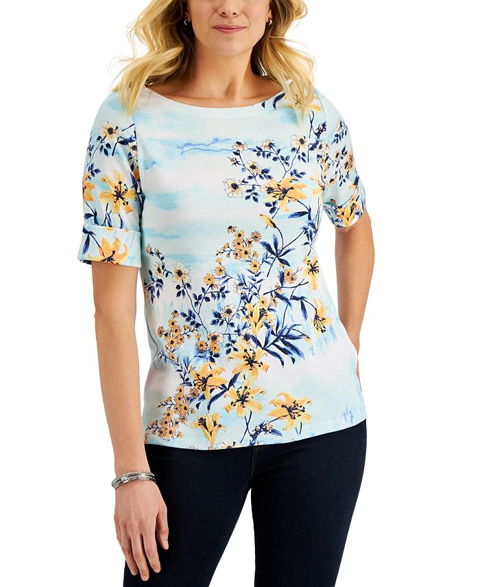 Karen Scott Blusa Feminina Ocean Breeze Estampa Floral Manga Cotovelo Azul Tamanho P