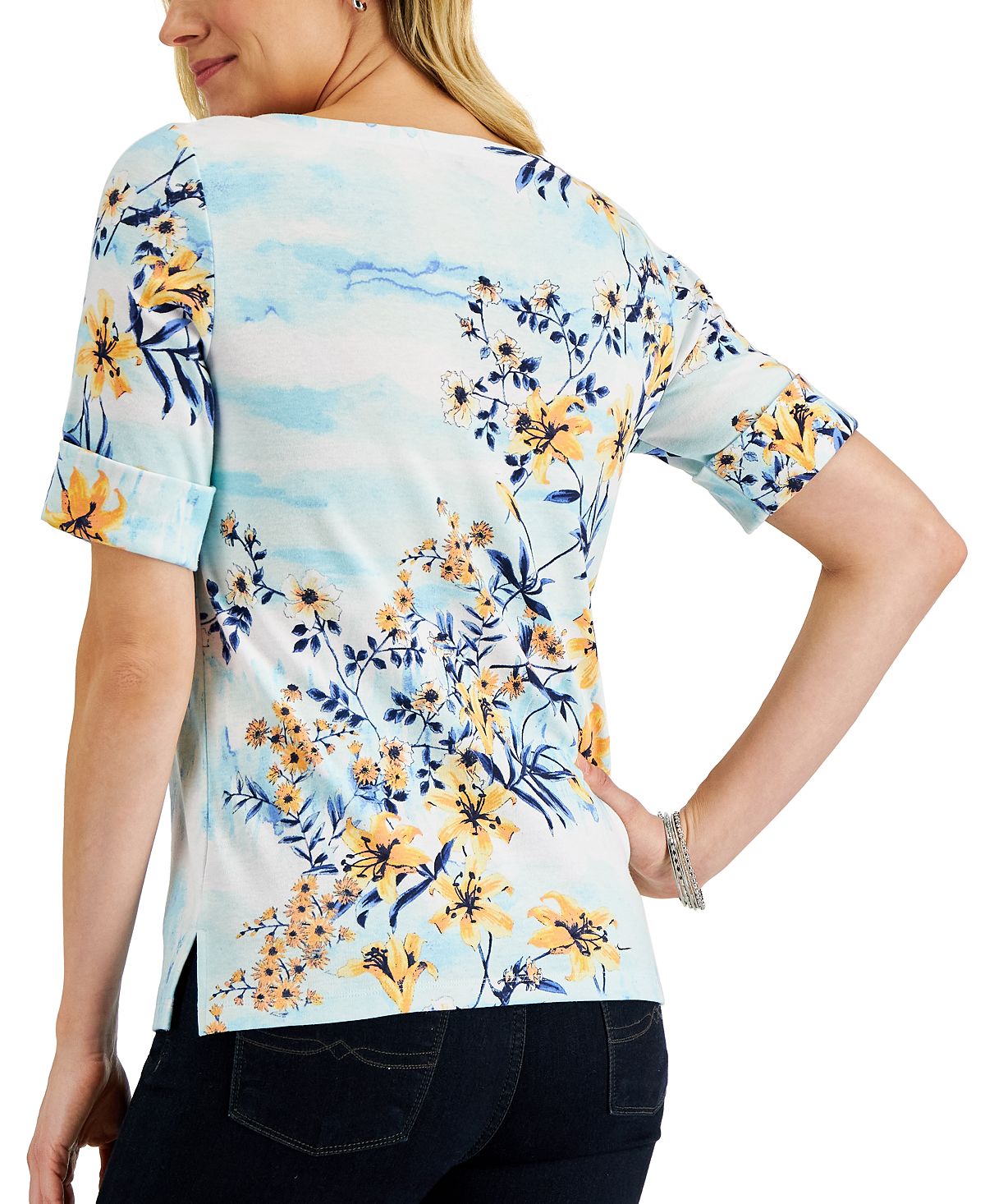 Karen Scott Blusa Feminina Ocean Breeze Estampa Floral Manga Cotovelo Azul Tamanho P