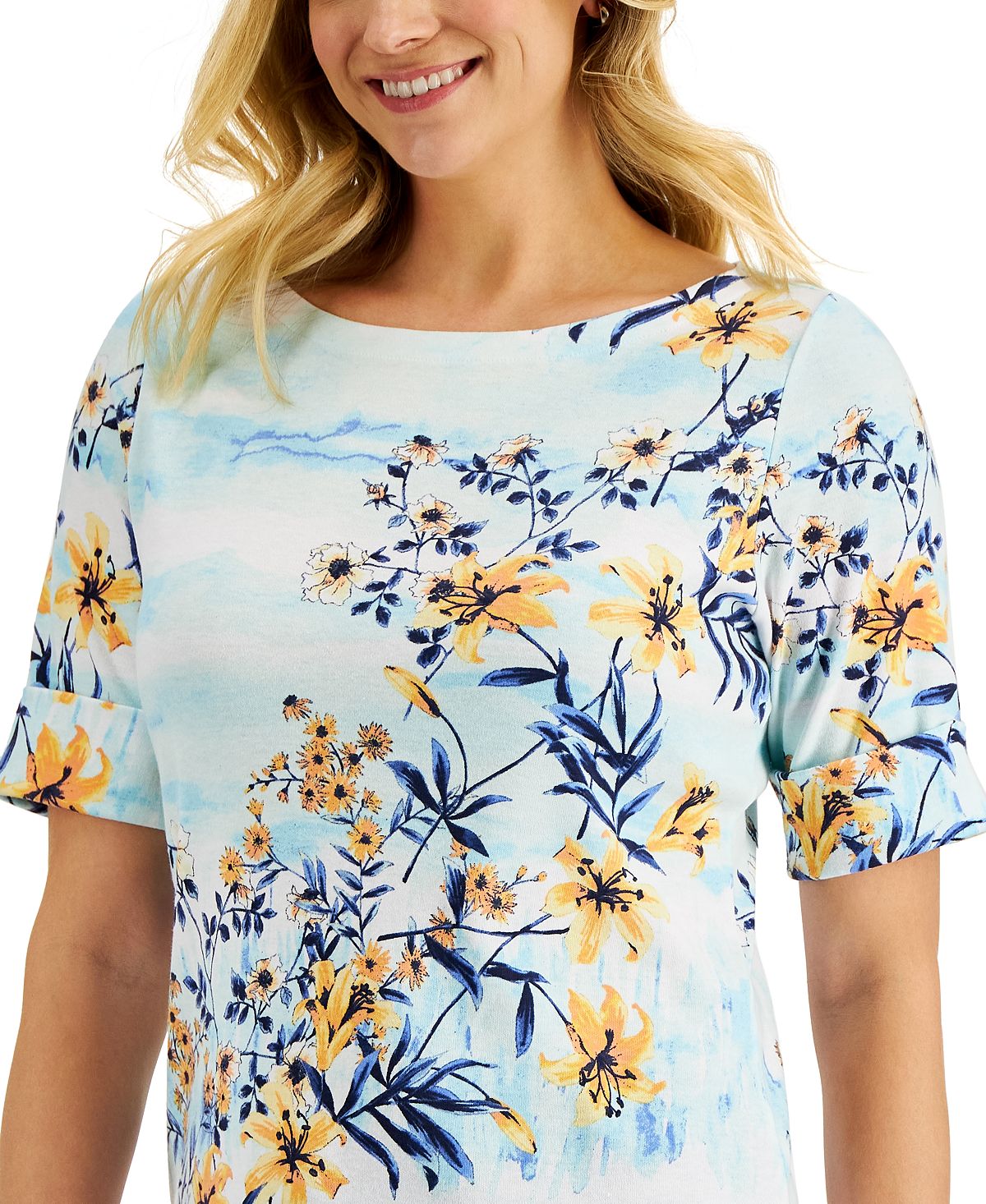 Karen Scott Blusa Feminina Ocean Breeze Estampa Floral Manga Cotovelo Azul Tamanho P