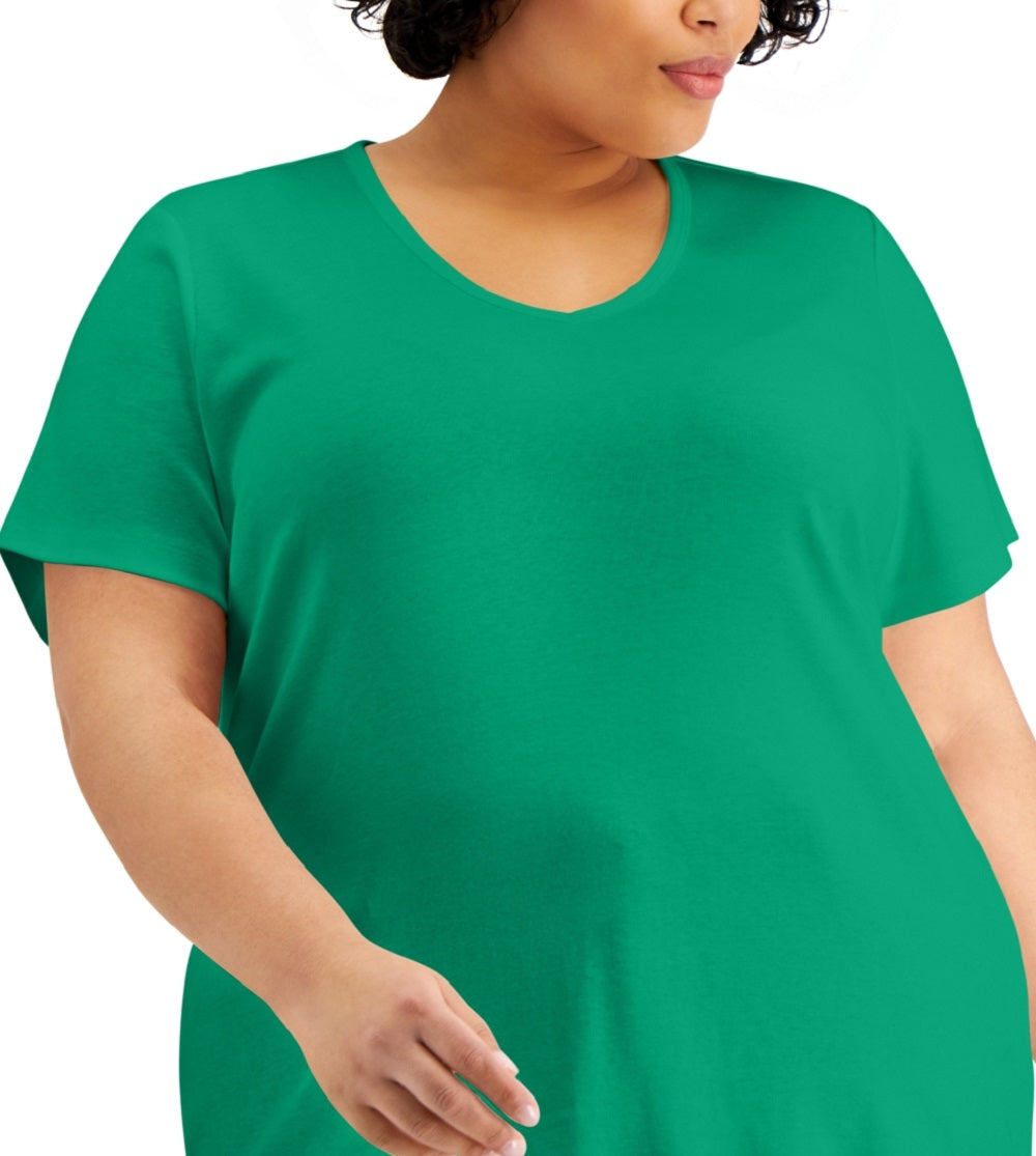 Blusa feminina Karen Scott de algodão com decote em V, verde, tamanho 2X