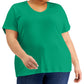 Blusa feminina Karen Scott de algodão com decote em V, verde, tamanho 2X