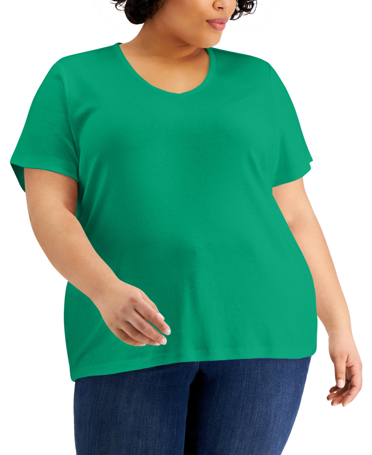 Blusa feminina Karen Scott de algodão com decote em V, verde, tamanho 2X