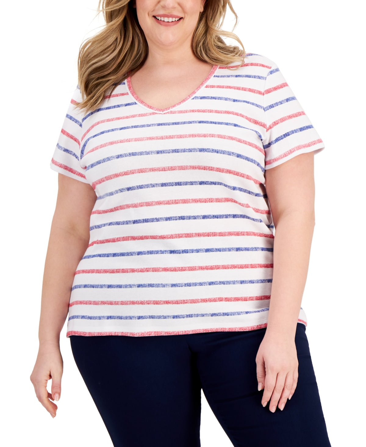 Camiseta feminina estampada com decote em V Karen Scott, vermelha, tamanho 1X