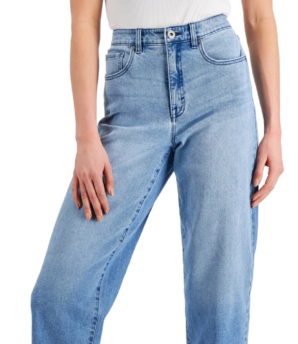 Calça jeans feminina estilo curvilíneo, cortada reta, tamanho 14, azul