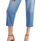 Calça jeans feminina estilo curvilíneo, cortada reta, tamanho 14, azul