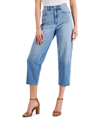 Calça jeans feminina estilo curvilíneo, cortada reta, tamanho 14, azul