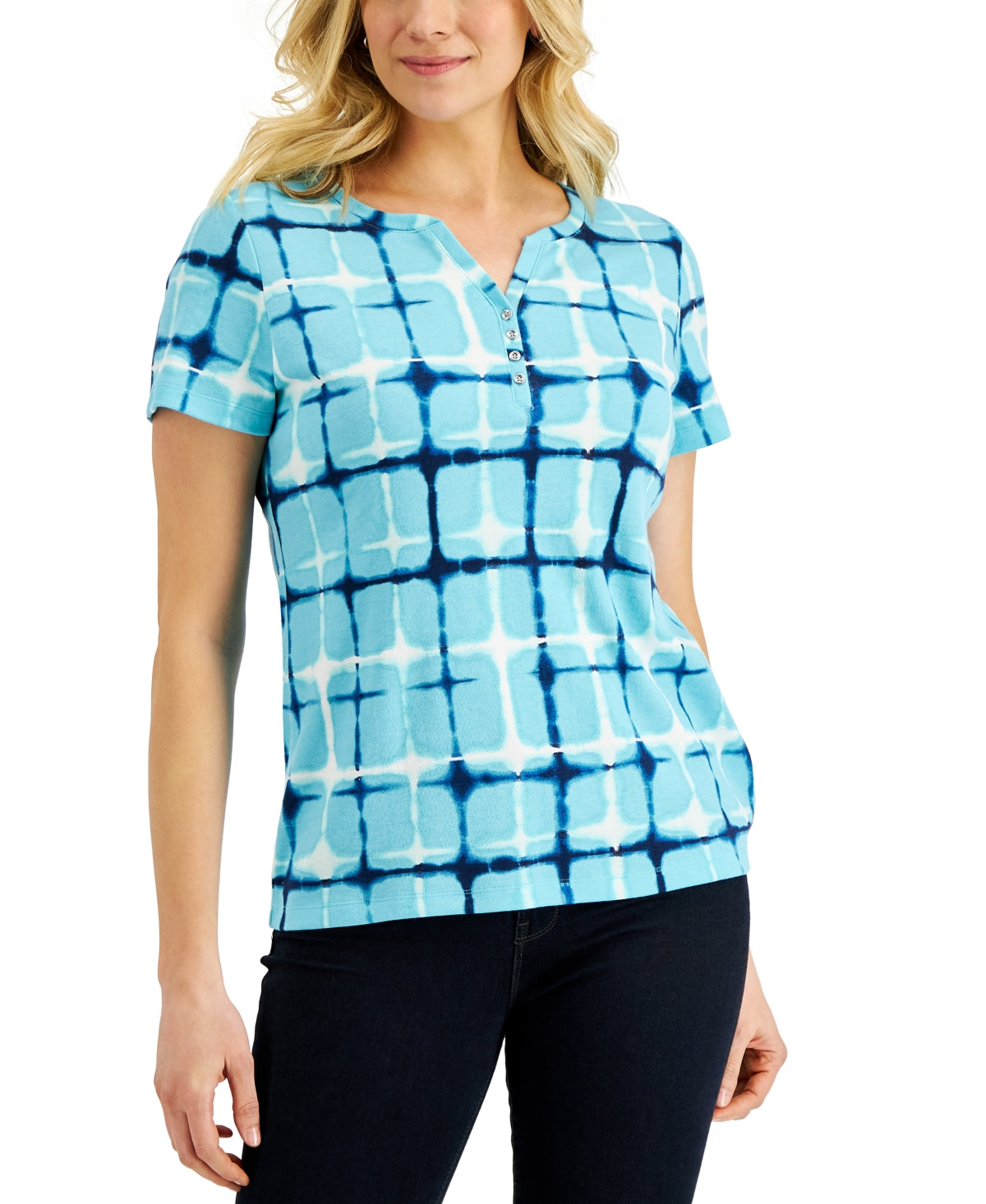 Karen Scott Blusa Henley Estampada Firecracker Feminina Azul Tamanho P