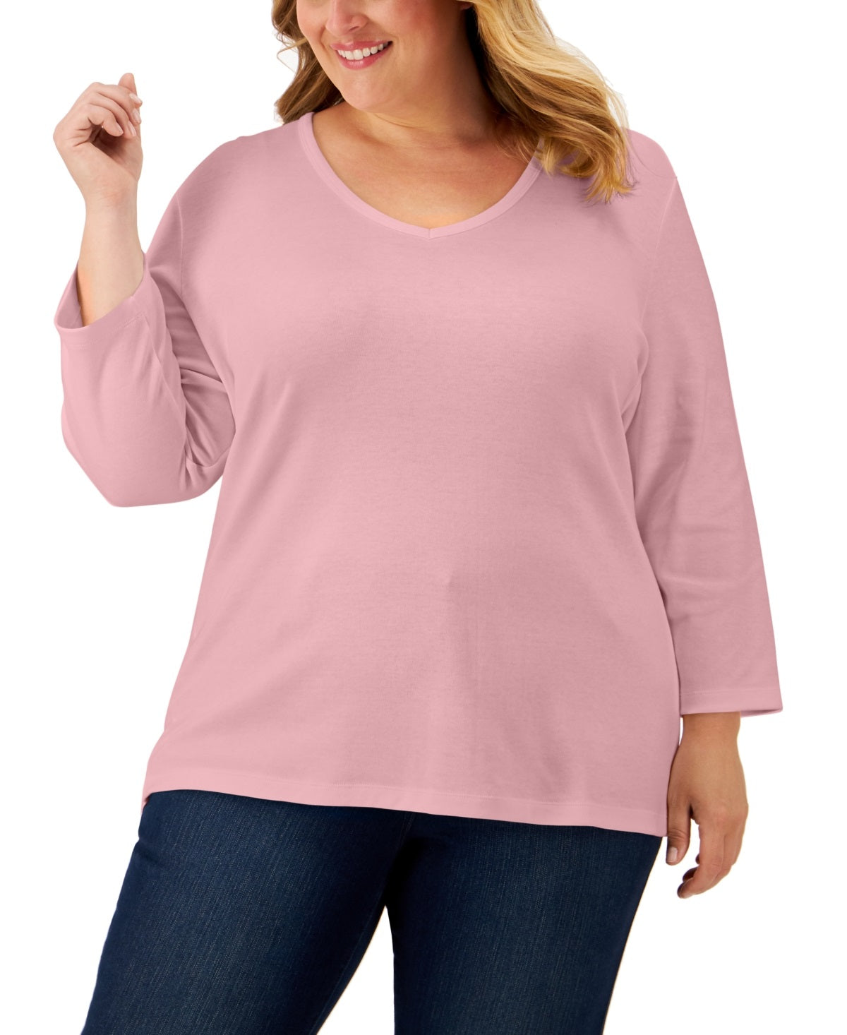 Karen Scott Blusa feminina com manga 3/4 e decote em V, rosa, tamanho 3X