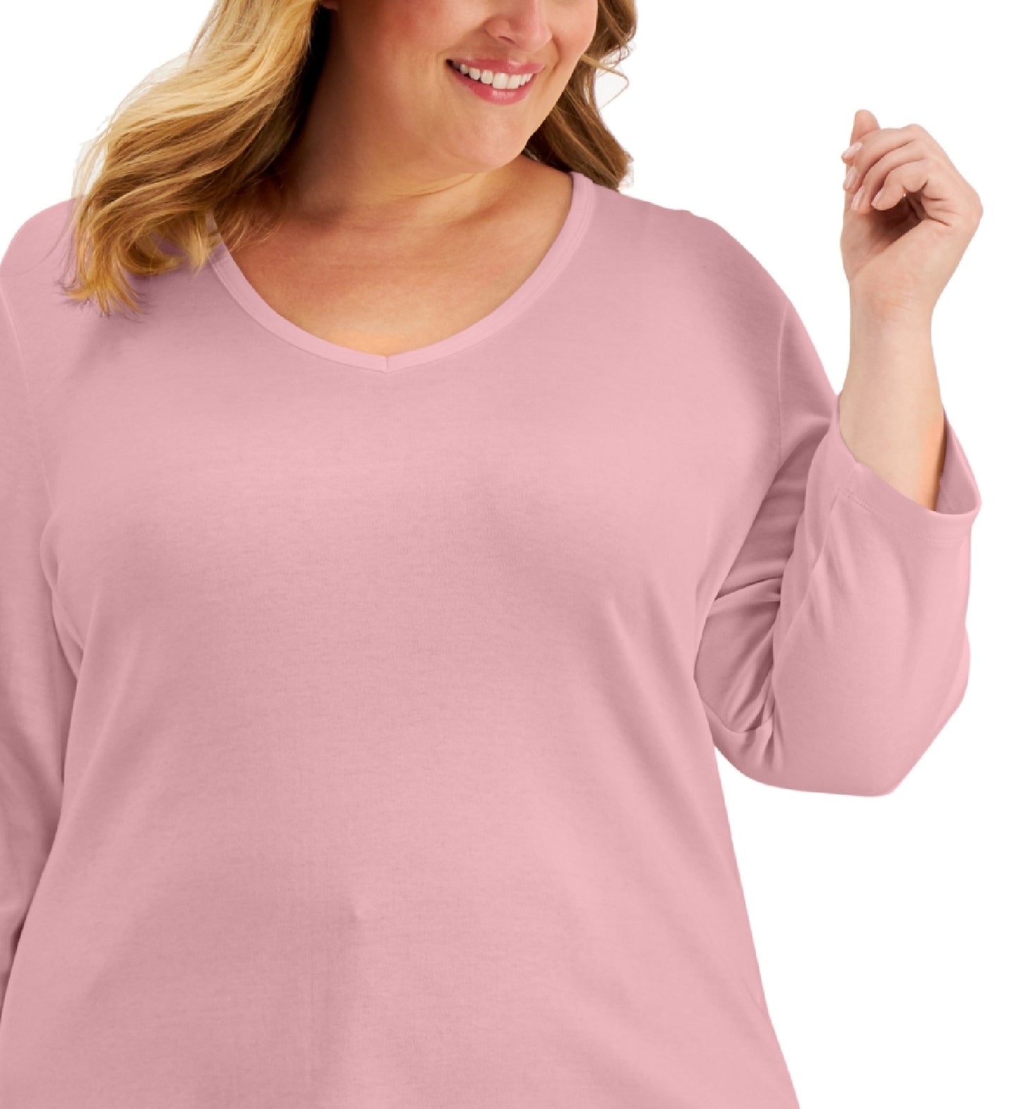 Karen Scott Blusa feminina com manga 3/4 e decote em V, rosa, tamanho 3X