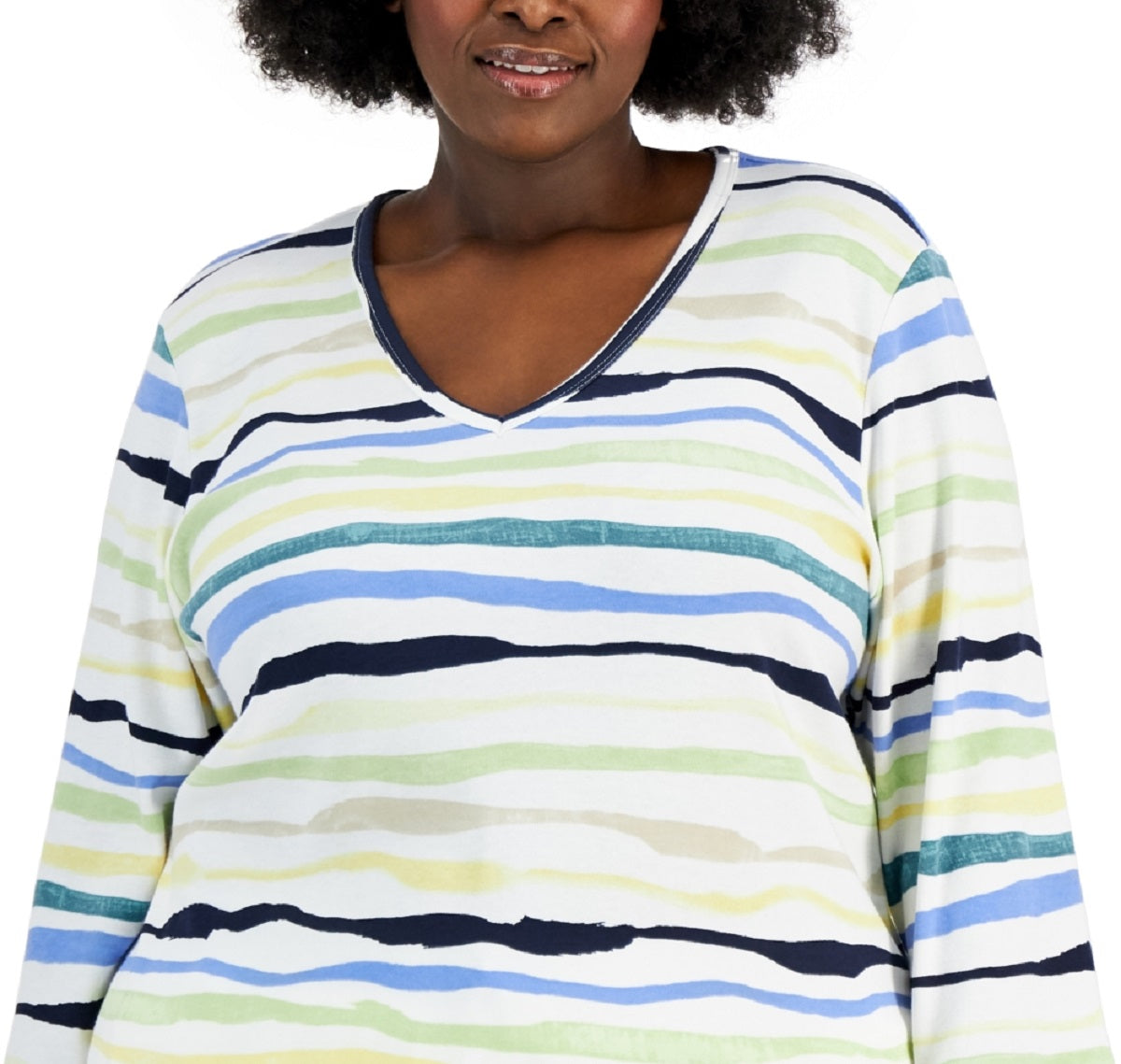 Blusa feminina Karen Scott Sasha Stripe com manga 3/4, verde, tamanho 2X