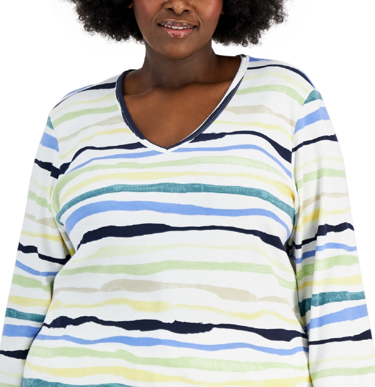 Blusa feminina Karen Scott Sasha Stripe com manga 3/4, verde, tamanho 4X