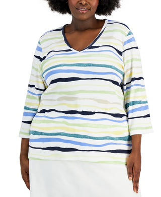 Karen Scott Women's Sasha Stripe 3/4 Sleeve Top Green Size 4X