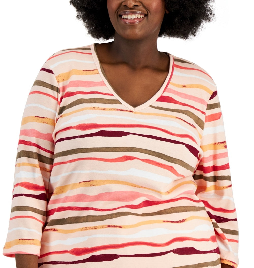 Blusa feminina Karen Scott Sasha Stripe manga 3/4 laranja tamanho 3X