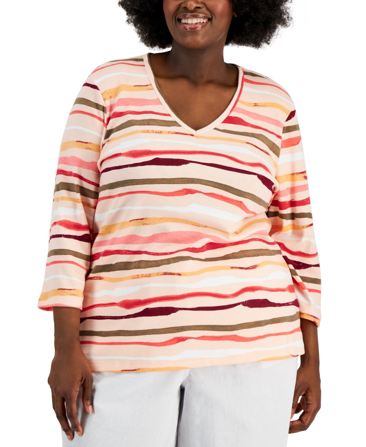Blusa feminina Karen Scott Sasha Stripe manga 3/4 laranja tamanho 3X