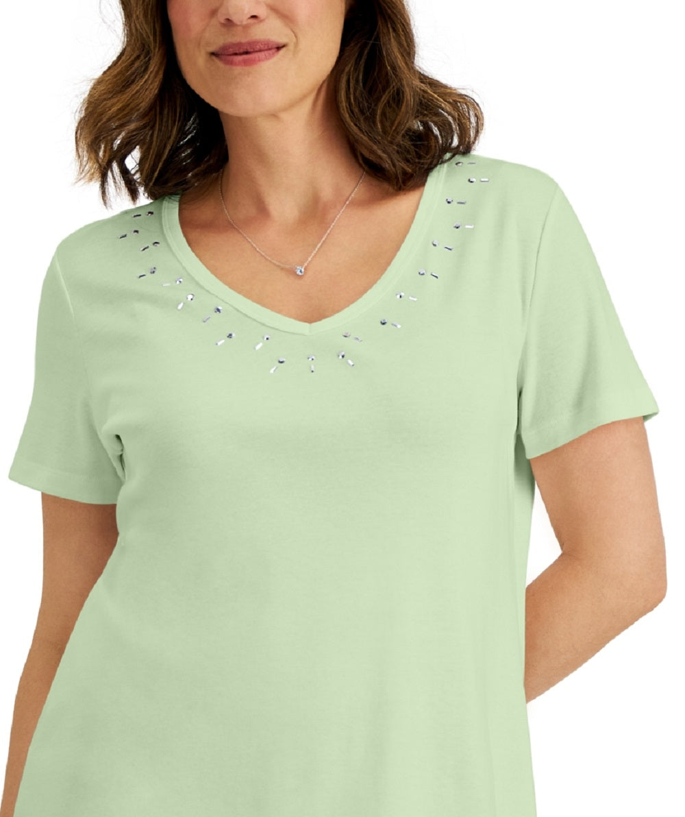 Karen Scott Top Feminino de Algodão com Tachas e Gola V Verde Tamanho Grande