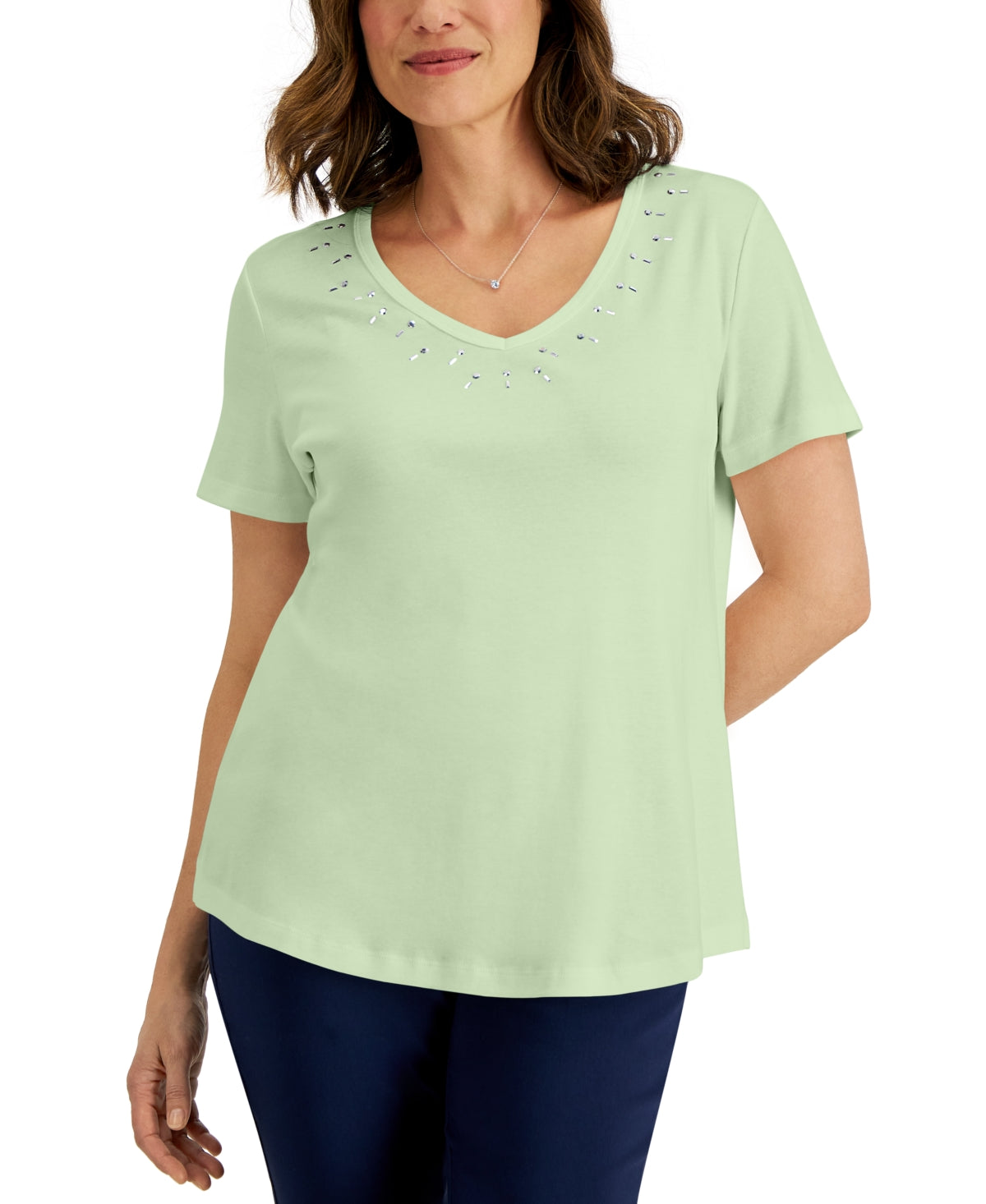 Karen Scott Top Feminino de Algodão com Tachas e Gola V Verde Tamanho Grande