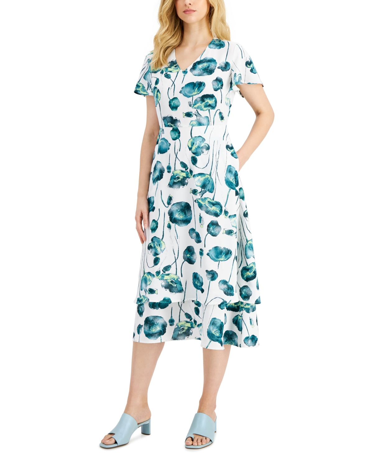 Vestido estampado feminino Alfani com mangas esvoaçantes, tamanho 20W, branco