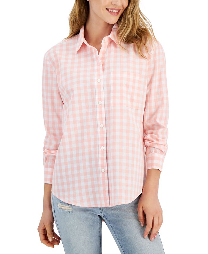 Camisa estilo boyfriend feminina de algodão xadrez estilo &amp; co, rosa, tamanho pequeno pequeno