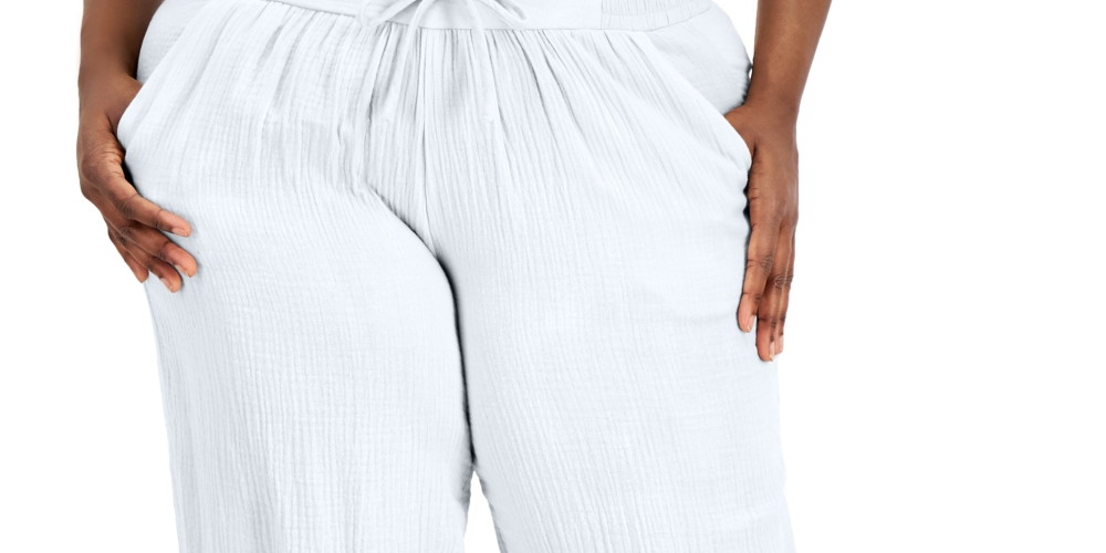 Calça feminina plus size com cordão e gaze JM Collection, branca, tamanho 3X