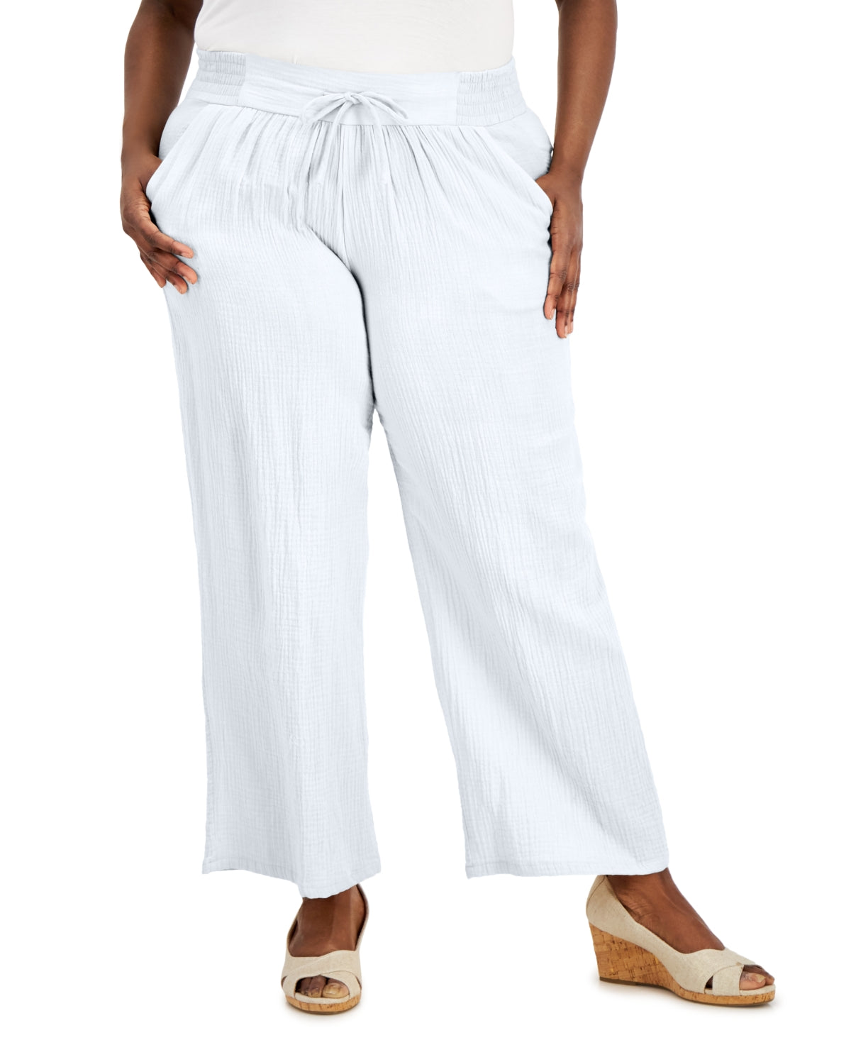 Calça feminina plus size com cordão e gaze JM Collection, branca, tamanho 3X