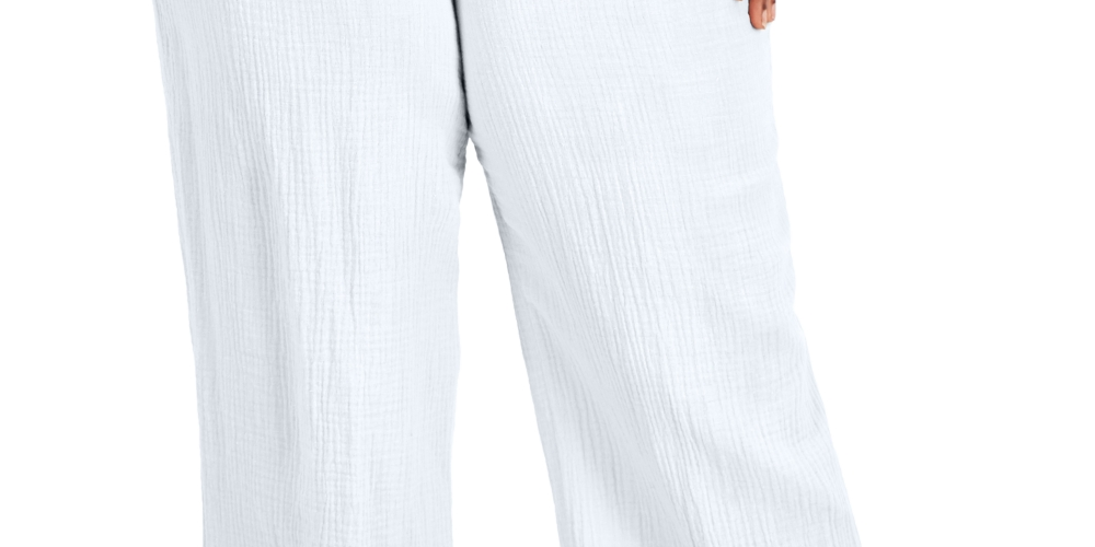 Calça feminina plus size com cordão e gaze JM Collection, branca, tamanho 3X