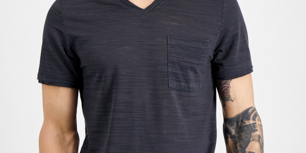 Camiseta masculina com listras quebradas e gola V da INC International Concepts, azul, tamanho médio