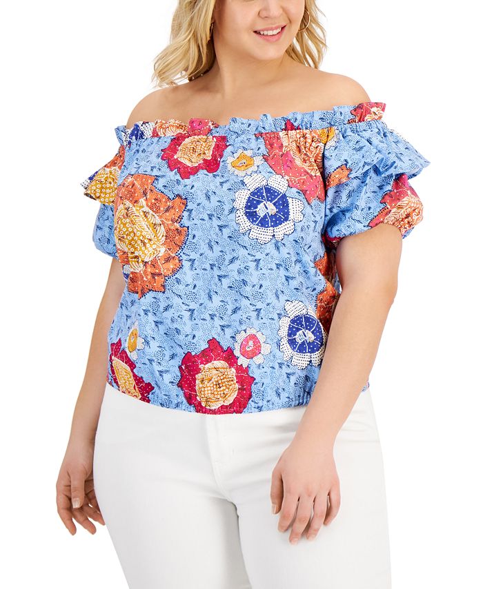 Blusa feminina de algodão ombro a ombro INC International Concepts, azul, tamanho 4X