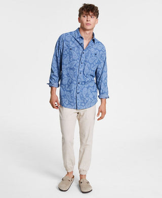 Camisa masculina de botões com estampa paisley de manga comprida Sun + Stone, azul, tamanho médio