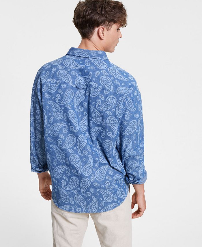 Camisa masculina de botões com estampa paisley de manga comprida Sun + Stone, azul, tamanho médio