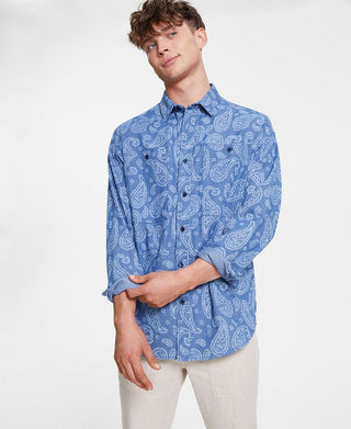 Camisa masculina de botões com estampa paisley de manga comprida Sun + Stone, azul, tamanho médio