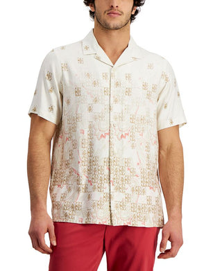 Club Room Men's Regular Fit Paisley Tile Print Camp Shirt Brown Size Medium