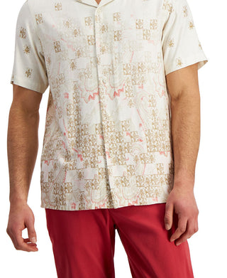 Camisa de acampamento masculina Club Room Regular Fit Paisley Tile Print Marrom Tamanho Médio