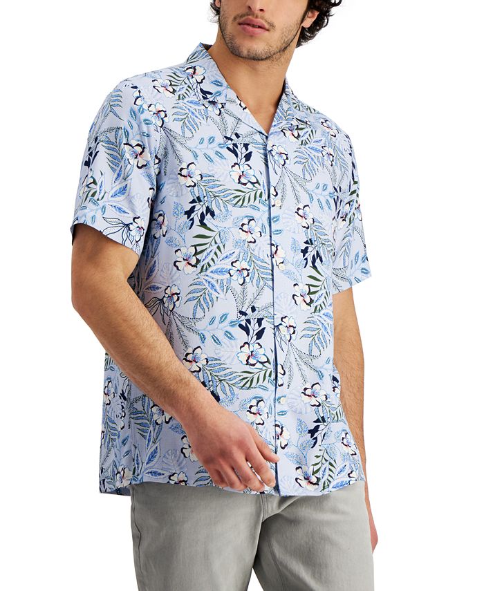 Camisa de acampamento com estampa tropical e ajuste regular masculina Club Room, azul, tamanho pequeno