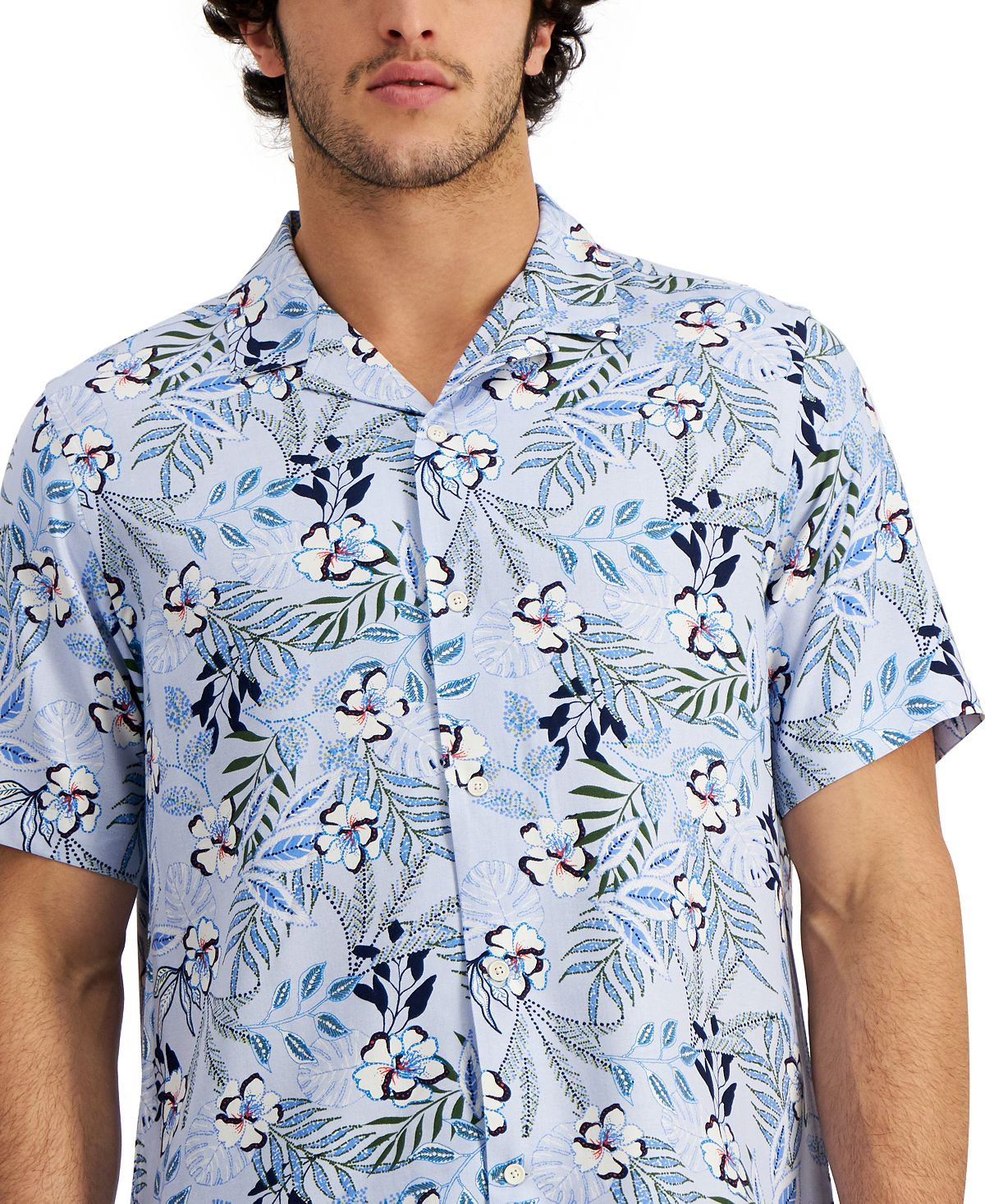 Camisa de acampamento com estampa tropical e ajuste regular masculina Club Room, azul, tamanho pequeno
