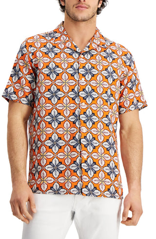 Club Room Men's Regular Fit Medallion Print Camp Shirt Red Size Small