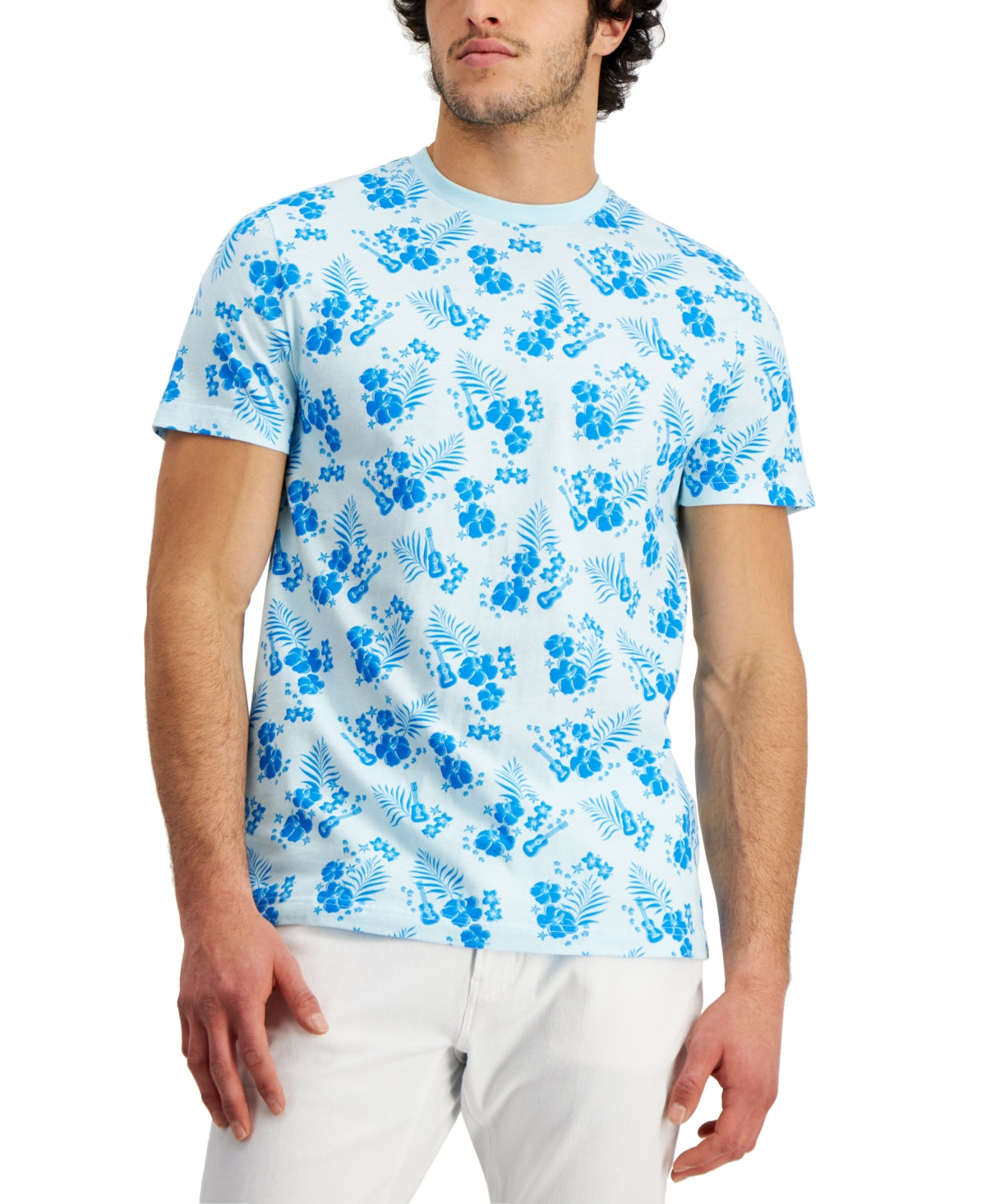 Camiseta masculina com estampa tropical Club Room, azul, tamanho XX-G